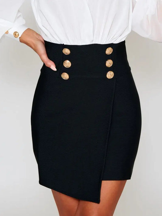 Women&#39;s Bandage Mini Skirt High-waisted Button 2022 Summer Sexy Black Red Bodycon Club Celebrity Evening Party Pencil Skirt 53cm